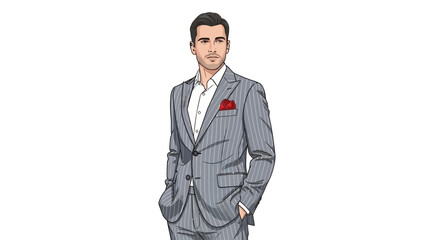 Man in gray pinstripe suit with red pocket square