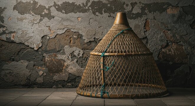 Traditional conical bamboo fish trap net leaning against an old, rustic, weathered gray stone wall, highlighting texture and craftsmanship ,rustic, historic, gray