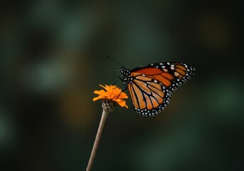 Obraz premium Vibrant orange monarch butterfly with striking black veins perched delicately on a slender brown wooden stick. Detailed wildlife nature scene ,butterfly ,botany ,garden