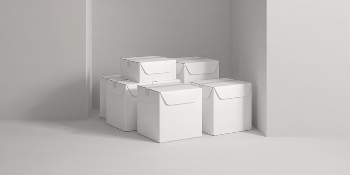 Stack of plain white cardboard boxes arranged for packaging or storage mockup, ideal for branding templates