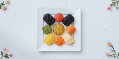 White background featuring assorted jeolpyeon, Korean rice cake treats, suitable for cultural celebrations
