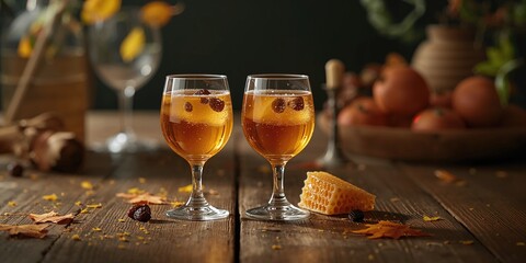 Obraz premium Serving of natural homemade mead or Finnish Sima with raisins in glasses, highlighting fermentation process