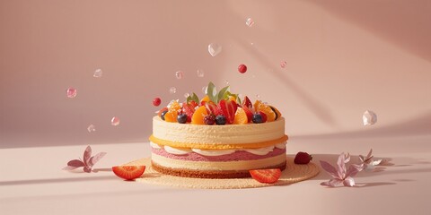 Home-baked sweet treat decorated with fresh fruit and colorful accents, ideal for celebrations