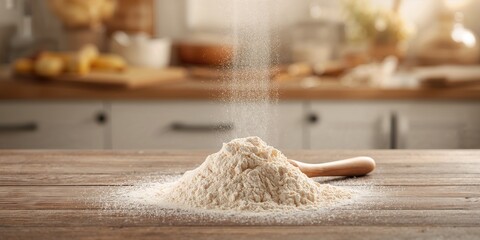 Kitchen scene with wheat flour and wooden spoon on rustic surface, suitable for baking or cooking layout