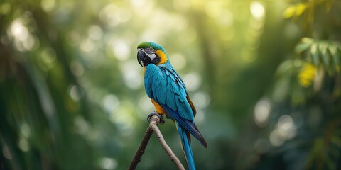 Obraz premium Turquoise-fronted amazon bird perched on a branch in Brazil, avian diversity and natural habitat
