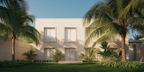 Contemporary structure featuring beige exterior and white window frames, surrounded by tropical palm plants, urban landscape, Earth Day