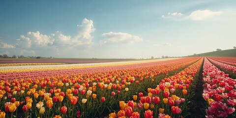 Bright tulip plantation with rows of blooming flowers serving as an aesthetic backdrop for editorial design, springtime