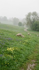 Obraz premium Serene Pastoral Scene with Sheep Grazing in Misty Green Landscape
