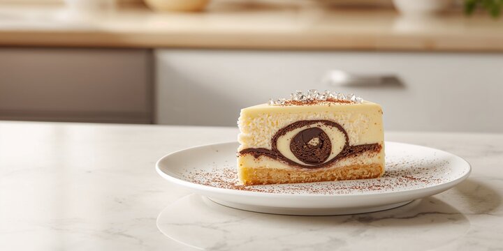 Yellow cream cheese cake with a chocolate swirl and isomalt decorations, used as a decorative dessert centerpiece