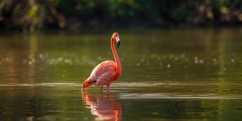 Pink flamingo standing in sunlight, ornamental garden decor