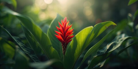Close-up of a flowering Stictocardia macalusoi plant with vibrant red blooms and lush foliage, highlighting plant diversity