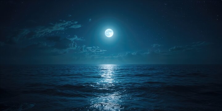 Nighttime coastal view featuring a full moon over the water, suitable for layout backgrounds or thematic visuals - Powered by Adobe