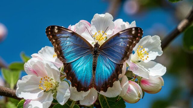 A beautiful vibrant blue butterfly with intricate patterns rests delicately on a cluster of white and pink apple blossoms under a clear blue sky on a bright sunny day.