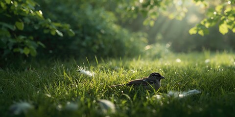 Young bird carcass lying on white space surrounded by grass and trees, highlighting wildlife conservation issues