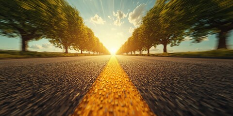 Closeup of highway with yellow dividing line showing radial motion blur from a low angle, highlighting transportation flow, Earth Day
