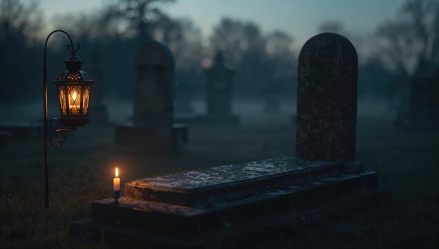 Evening scene in a cemetery, lantern light creating shadows on headstones, highlighting maintenance focus, Earth Day