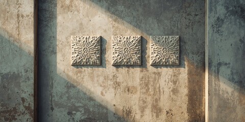 Decorative wall featuring square plates with a vintage line pattern on a textured concrete surface, emphasizing architectural elements
