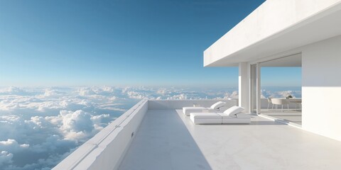 Obraz premium Penthouse with balcony overlooking a blue sky, urban living space for city dwellers