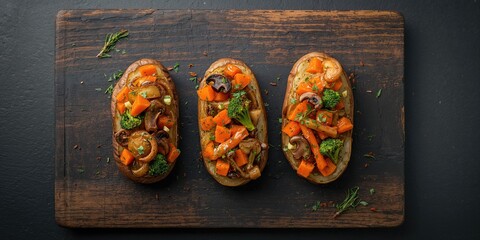 Roasted half potatoes filled with carrot, onion, broccoli, mushrooms, and herbs for meal preparation, kitchen activity