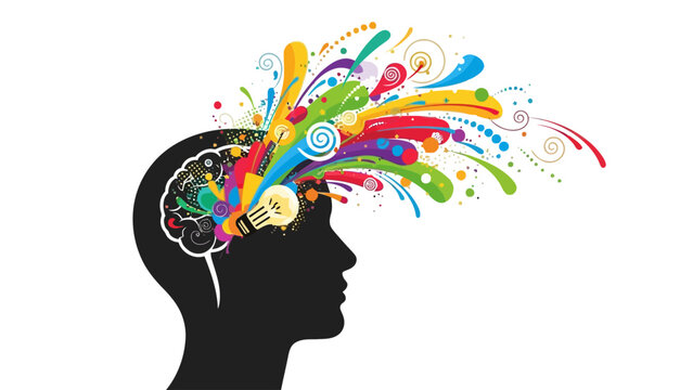 Silhouette of a head with a brain outline and colorful bursts emanating with a lightbulb