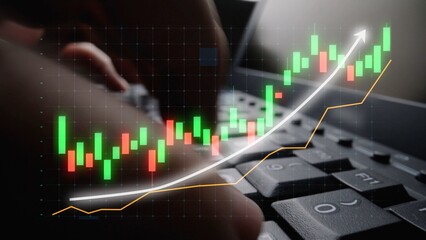 Professional stock trading and investment imagery capturing hands on a keyboard with a vibrant financial chart depicting growth and market trends, ideal for financial analyses. Copula