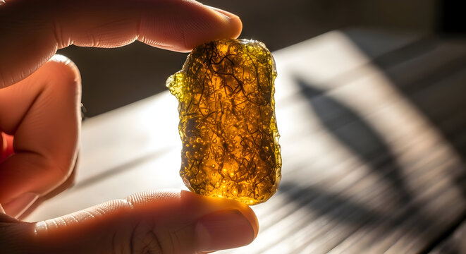 A hand holding a piece of hashish or cannabis concentrate up to the light to examine its texture and color