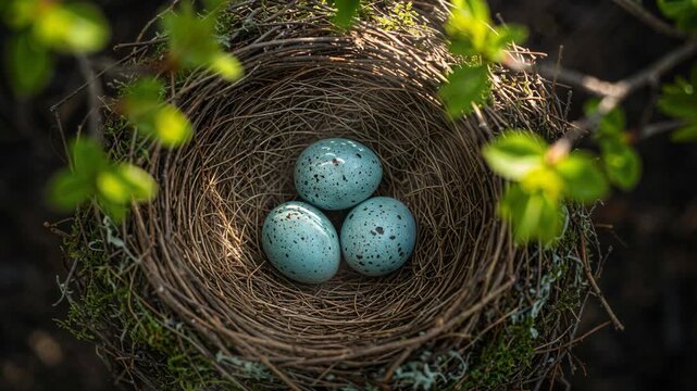 A top-down closeup shot reveals three speckled blue robin's eggs nestled securely in a rustic bird's nest made of twigs and moss, surrounded by blurred green leaves in natural sunlight.