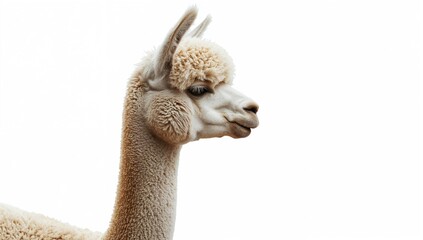 Obraz premium Alpaca seen in profile against a white backdrop, focusing on fleece texture and animal care