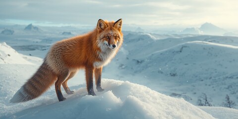 Obraz premium Arctic wildlife featuring a red fox standing on a mountain slope during winter, seasonal adaptation