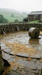 Historic Stone Mill Surrounded by Rustic Farm Landscape in Rain