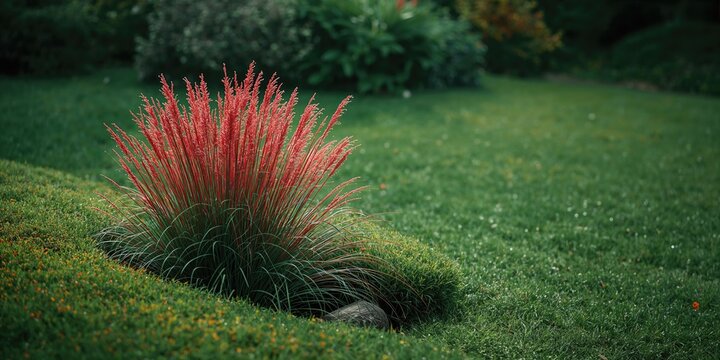 Imara cylindrica Red Baron ornamental grass in garden setting, emphasizing leaf structure and landscape use