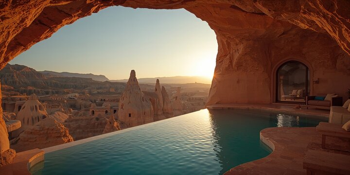 Unique cave accommodation with a pool in Cappadocia, highlighting regional architecture, travel destination