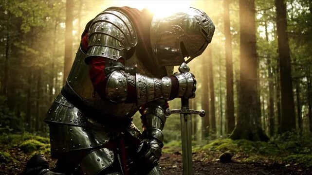 Medieval Knight Kneeling in Forest with Sword in Radiant Sunlight