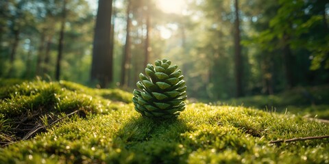 Close-up of green pine cone on branch, focusing on ecological aspects and plant health, World Environment Day