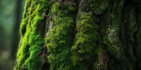 Detailed view of damp moss covering tree bark, ideal for nature texture backgrounds