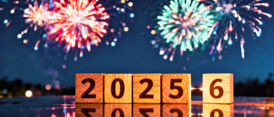 New year 2025 changing to 2026 symbolized by wooden blocks and bright fireworks explosion