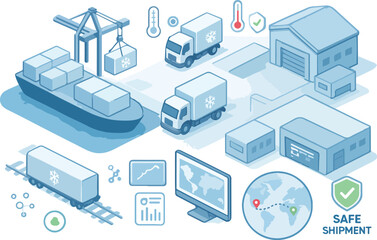 Cold Chain Logistics Network &mdash; Refrigerated Warehouses, Trucks & Sensor Monitoring Vector
