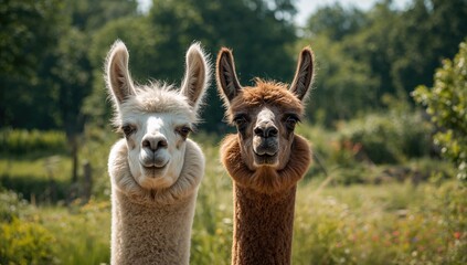 Fototapeta premium Llamas in zoo enclosure look toward camera, highlighting animal behavior and habitat features