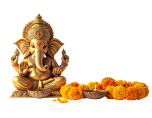 Ornate Golden Ganesha Idol with Decorative Lamps PNG