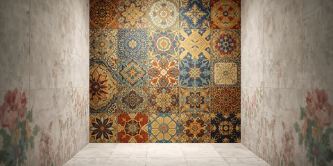 Digital tile patterns used in interior design, colorful ceramic surface applications