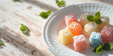 Assorted Turkish delight pieces with bright colors arranged in a display, highlighting traditional confectionery