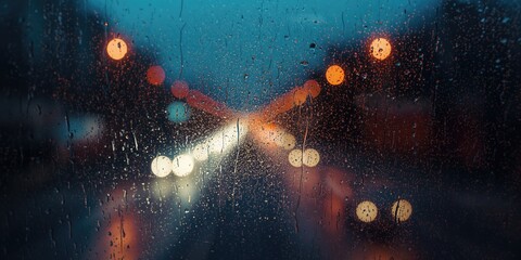 Urban rain scene seen through a window with water droplets and blurred street lights creating a bokeh effect at night