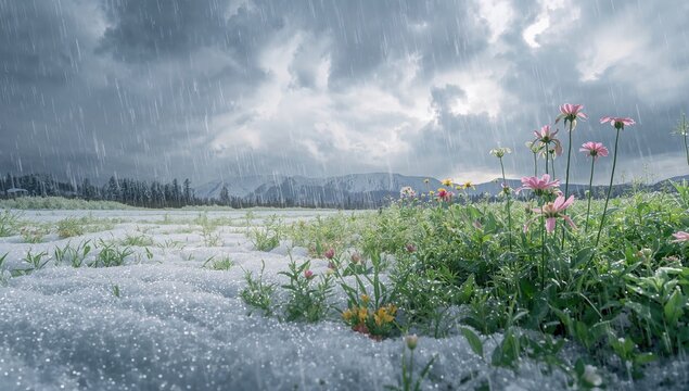 Lush vegetation under a mix of snow and rain, highlighting climate variability