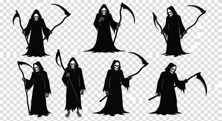 Obraz premium Grim Reaper illustration, death symbol, hooded skeleton, scythe figure, horror character, Halloween design, dark art, spooky avatar collection
