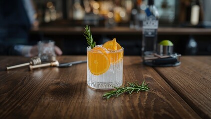 Long gin tonic with orange and rosemary garnishes, emphasizing beverage presentation and mixology, World Cocktail Day