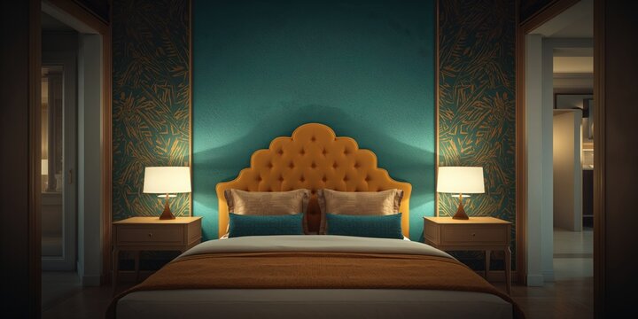 Hotel bedroom featuring a scalloped mustard headboard and teal walls, suitable for layout backgrounds, World Sleep Day