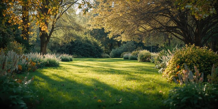 Sunlit shady park area featuring native plants on a grassy lawn, ideal for leisure activities or community events