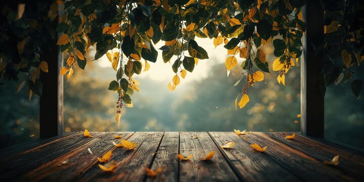 Colorful ketapang leaves drifting on balcony in green, yellow, and black, nature preservation