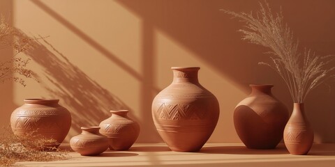 Egyptian natural clay pottery vases and pots, designed for artisanal craftsmanship and heritage