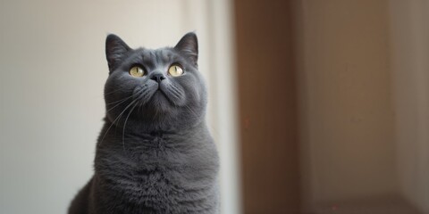 British Shorthair cat looking upward, ideal for feline health awareness materials